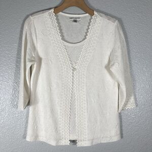 Womens Cardigan Blouse  Top PM Cream Floral Cut Outs Career Elegant Quite Luxury